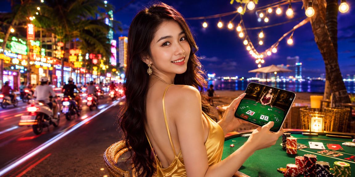 Khung cảnh Nha Trang về đêm với người chơi baccarat trực tuyến trên điện thoại