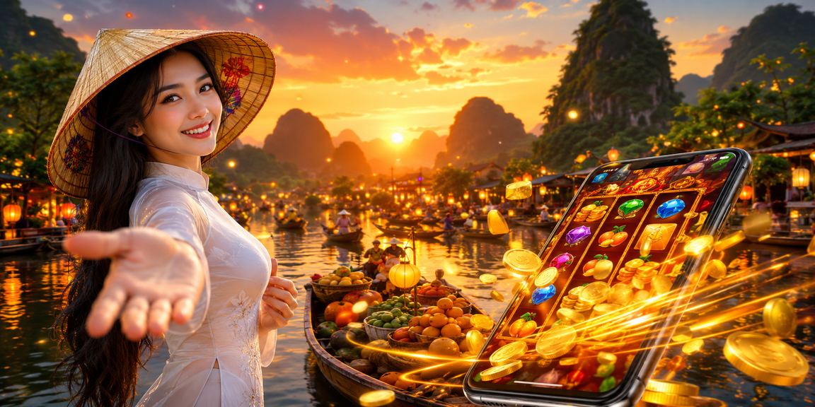 Người dùng Ninh Bình chơi slot game trên điện thoại di động với phong cảnh đồng quê